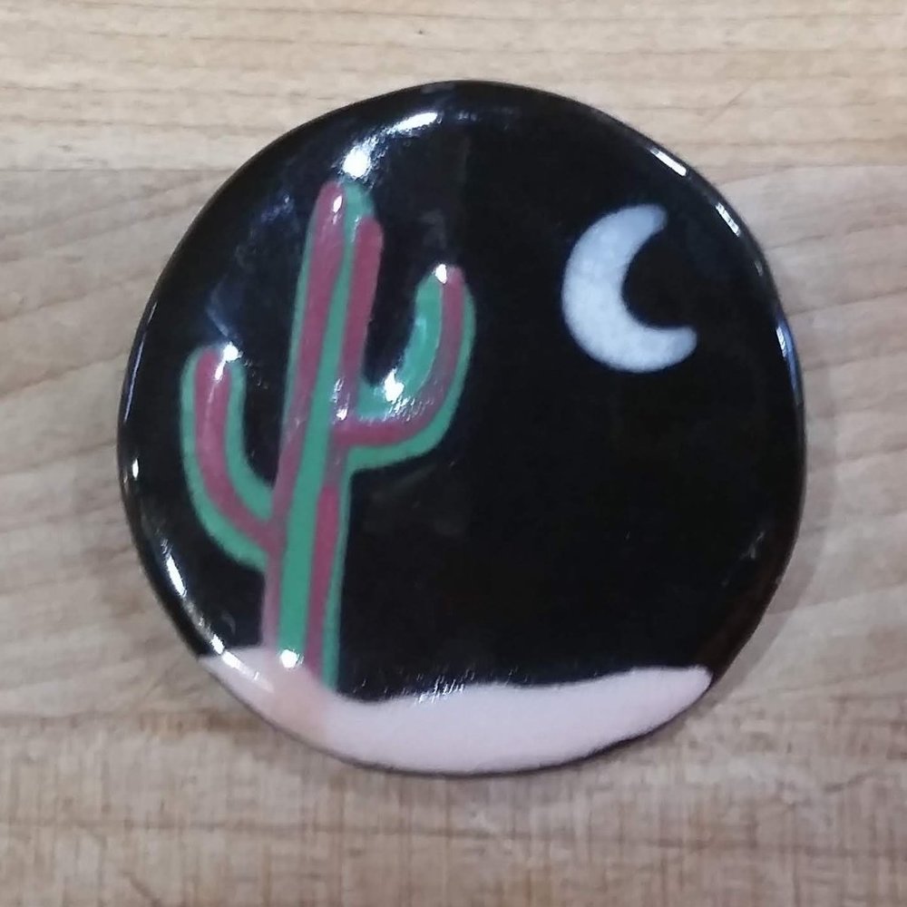 Vintage Hand Painted 1.25" Round Cactus Moon Pin